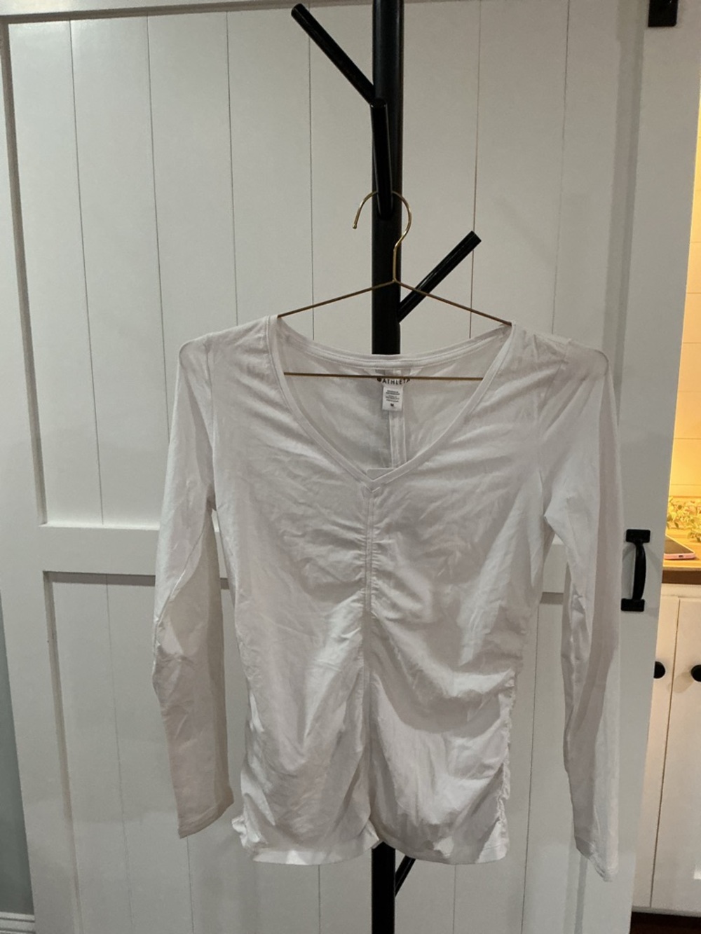 Athleta White Ruched V-Neck Long Sleeve Top